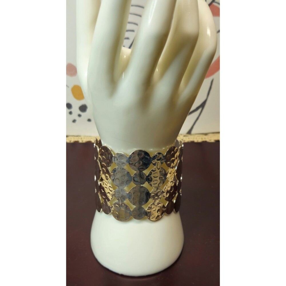 Wide Polished Silver Tone Cuff Bracelet w/ 4 Connected Rows Adjustable (read)